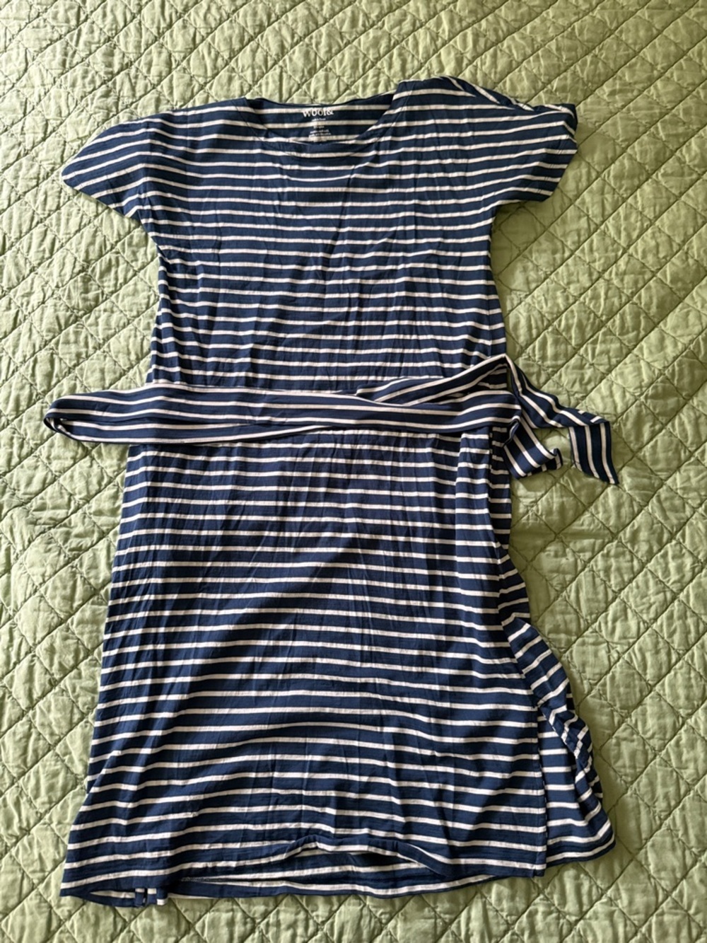 Wool& Navy and White Striped Midi Dress with Self-Tie Belt Merino Wool Blend